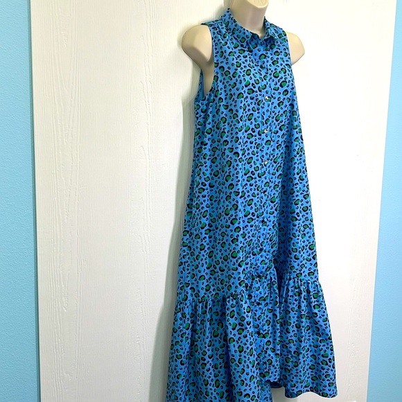Anthropologie - Maeve Paola Flounced Cheetah Blue Print Sleeveless Midi Dress SM - Picture 3 of 14